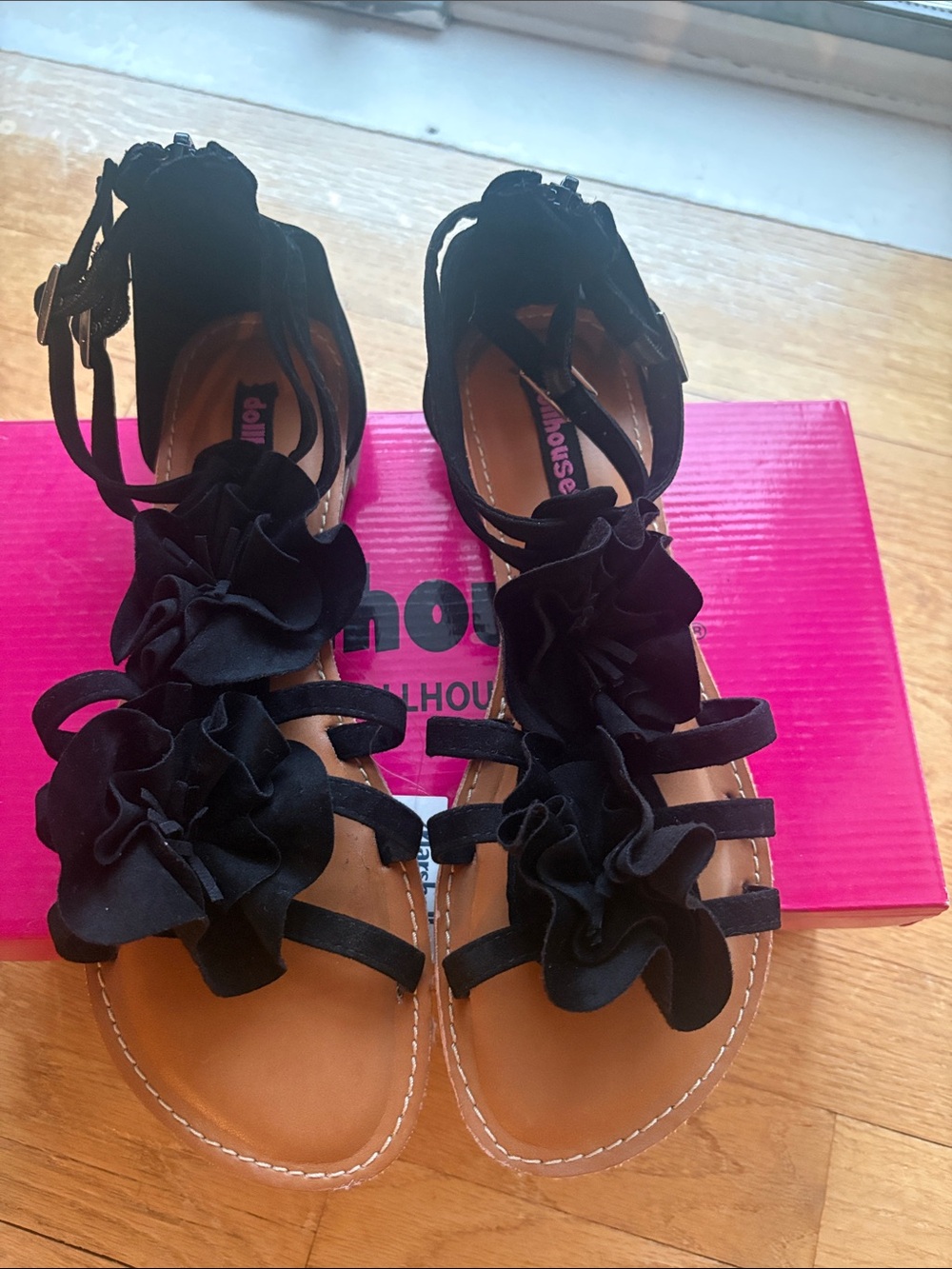 Dollhouse Black Ruffle Ankle-Tie Women's Sandals
